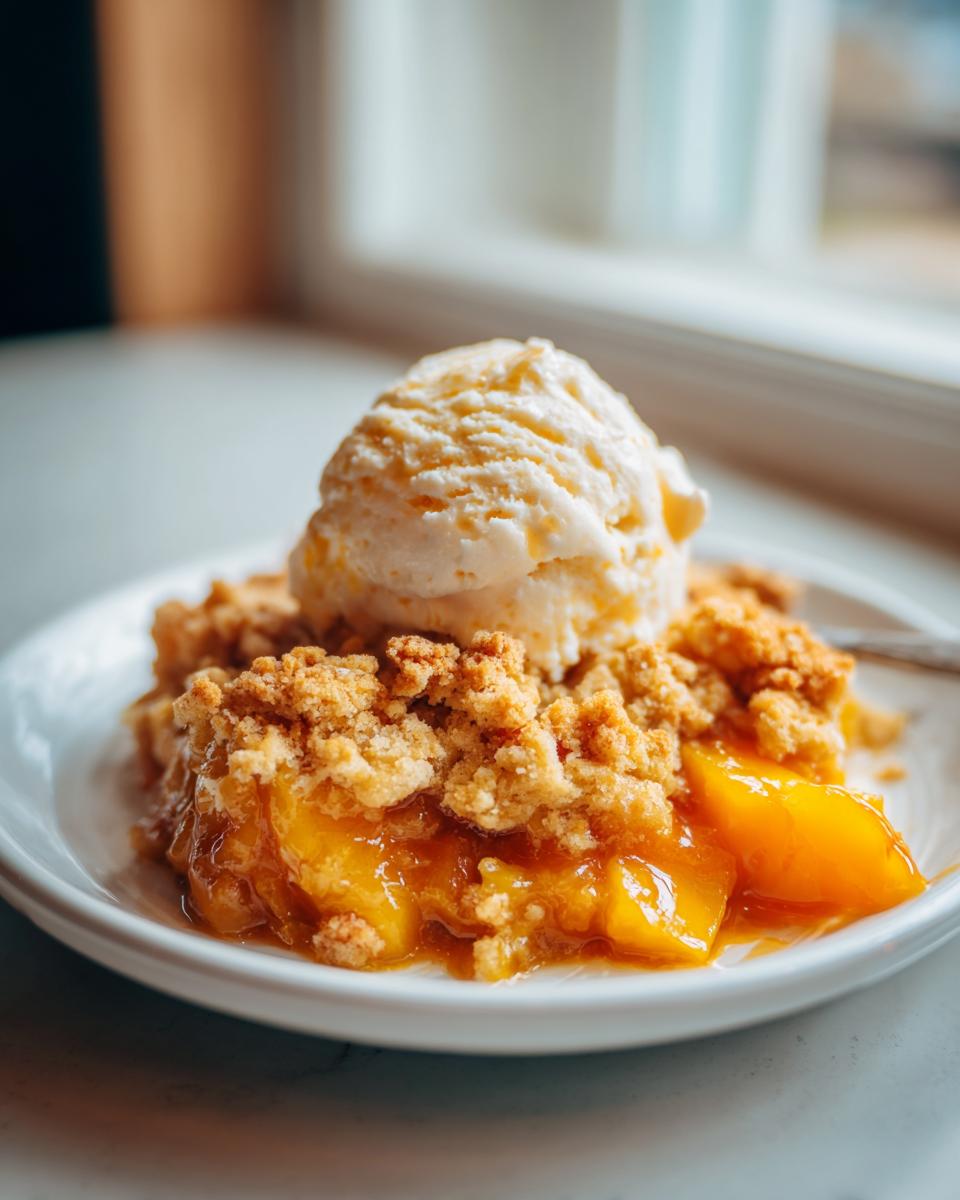 A serving of warm peach cobbler topped with a scoop of melting vanilla ice cream.