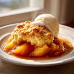 A warm serving of easy Southern peach cobbler topped with melting vanilla ice cream, steaming slightly.