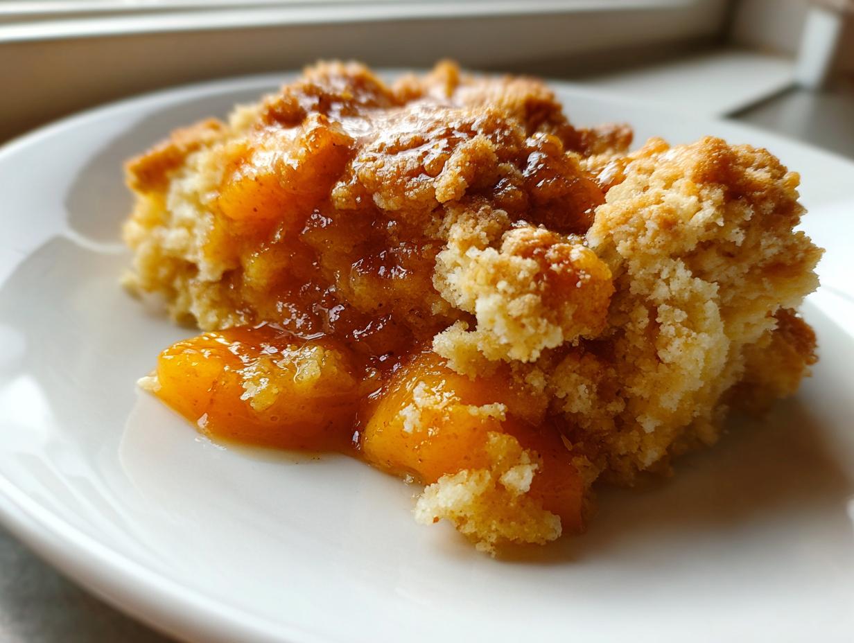 A warm, gooey serving of peach cobbler with a crumbly topping on a white plate.