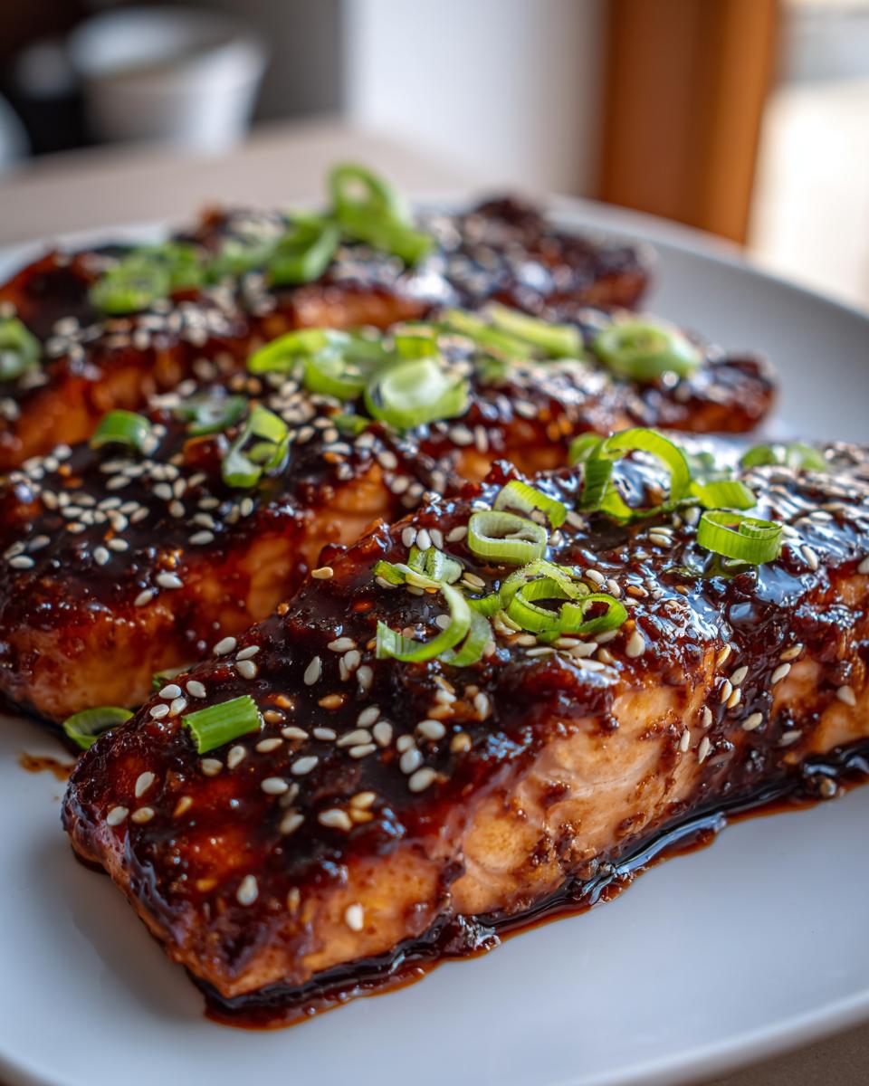 Close-up of three glazed teriyaki salmon fillets topped with sesame seeds and sliced green onions.