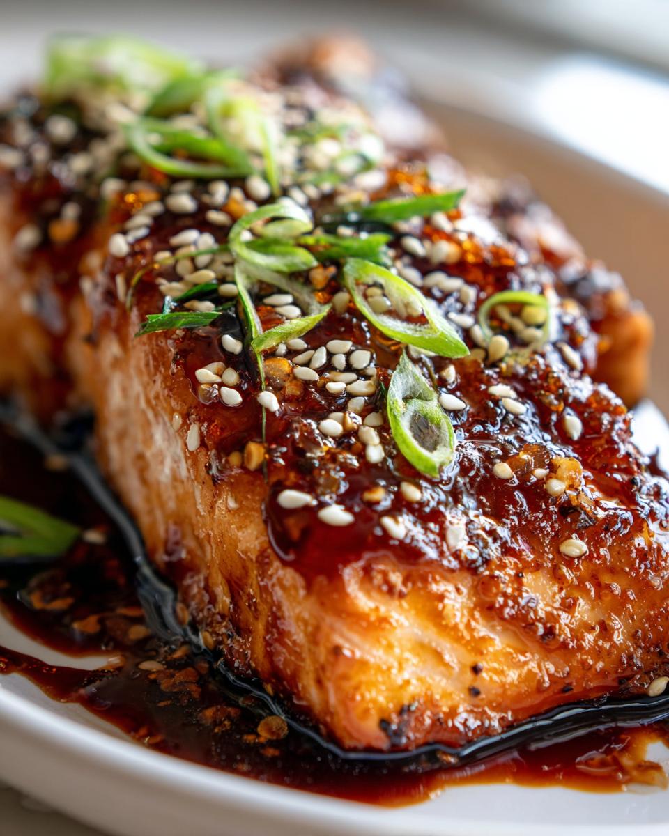 Close-up of a perfectly cooked piece of teriyaki salmon, glazed richly and topped with sesame seeds and sliced green onions.