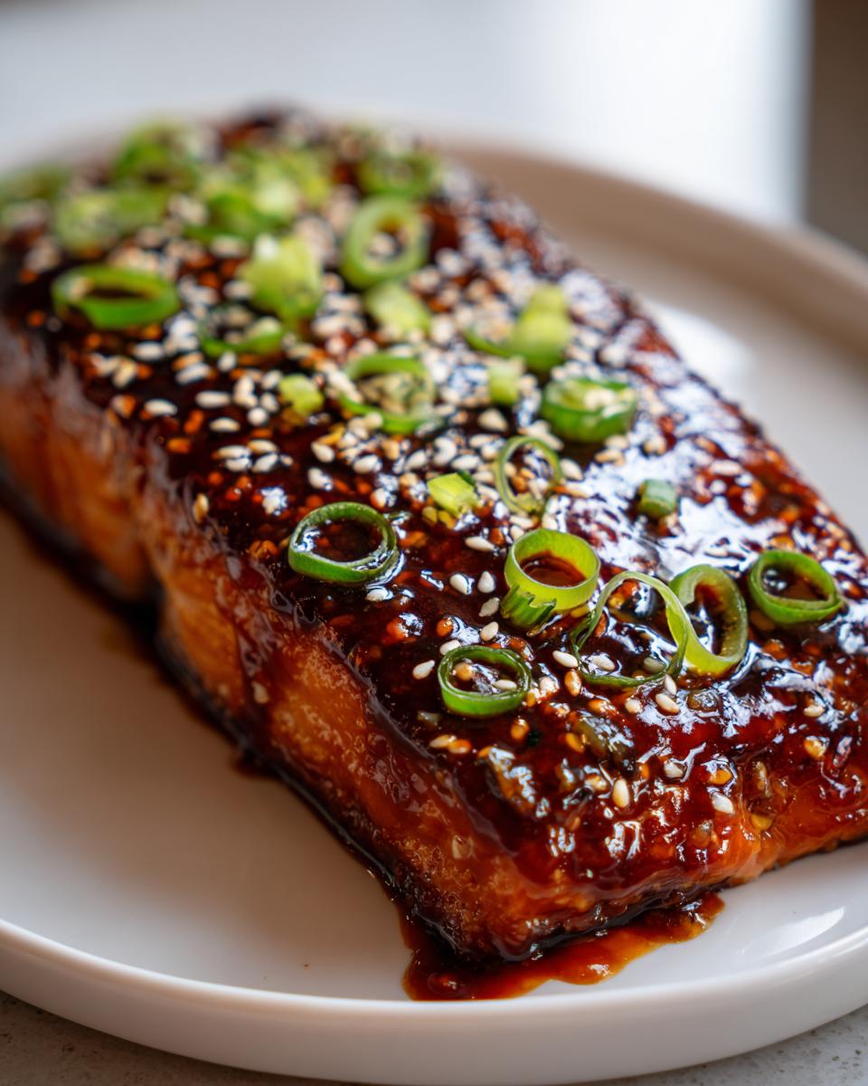 Close-up of a perfectly cooked teriyaki salmon fillet covered in thick, glossy sauce, topped with sesame seeds and sliced green onions.
