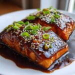 Two fillets of glistening teriyaki salmon covered in thick sauce, sesame seeds, and green onions.