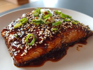 Close-up of a perfectly cooked teriyaki salmon fillet covered in thick, glossy sauce, sesame seeds, and sliced green onions.