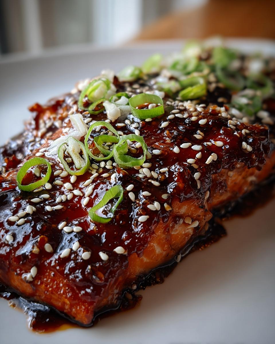 Close-up of a perfectly cooked teriyaki salmon fillet covered in a thick, glossy glaze, topped with white sesame seeds and sliced green onions.