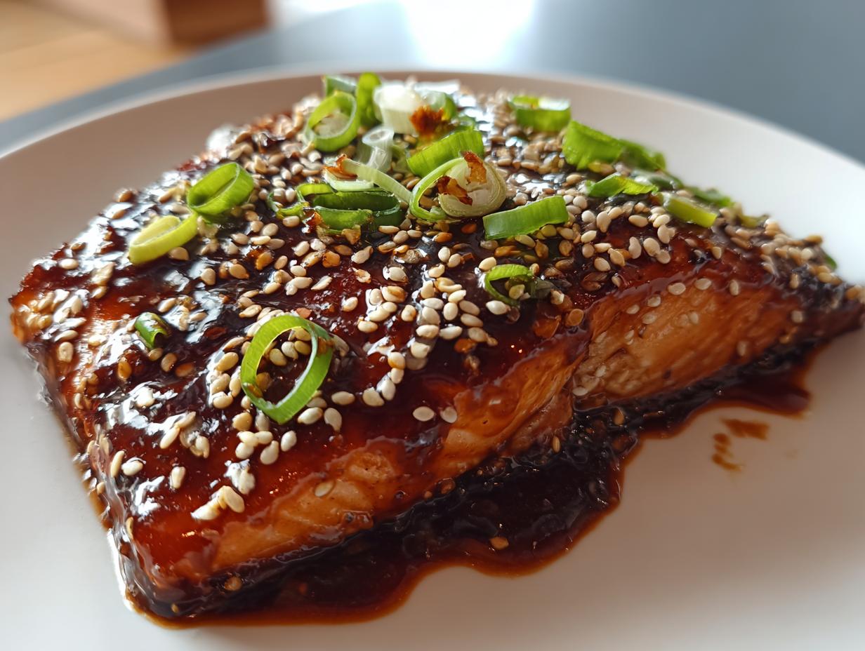 Close-up of a perfectly cooked teriyaki salmon fillet covered in thick, glossy sauce, sesame seeds, and sliced green onions.