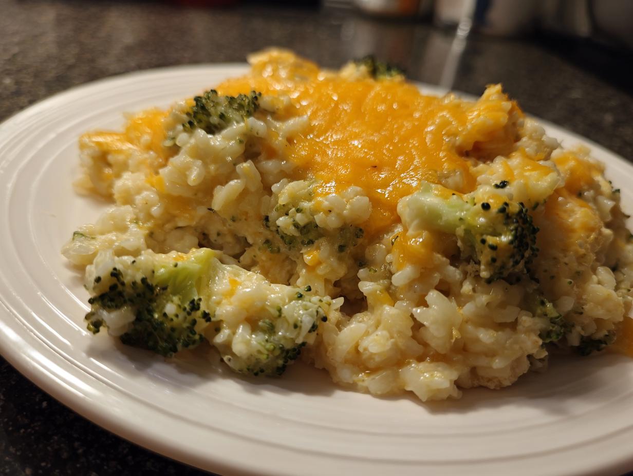 A close-up of a creamy serving of broccoli rice topped with melted cheddar cheese on a white plate.