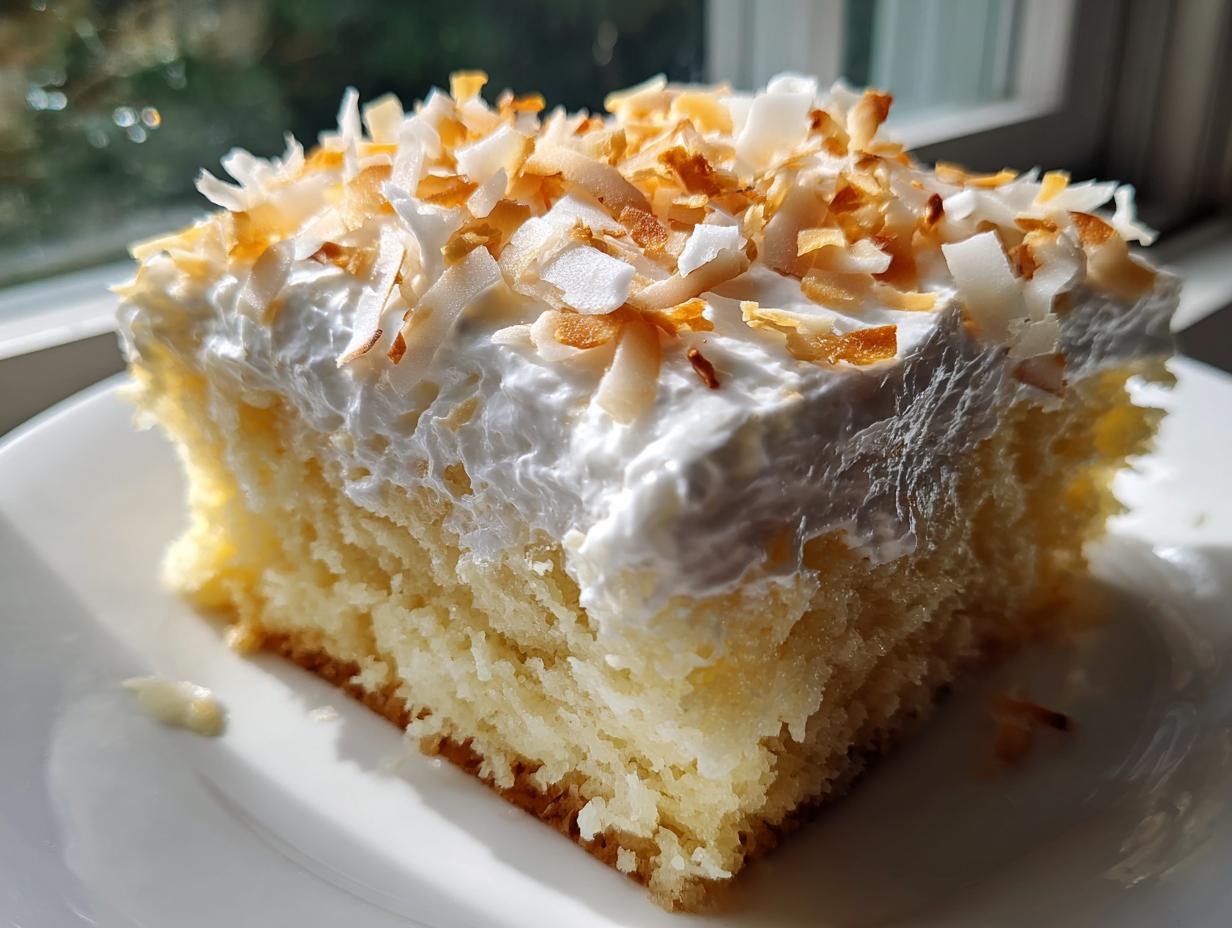 A close-up slice of moist coconut poke cake topped with whipped cream and toasted coconut flakes.
