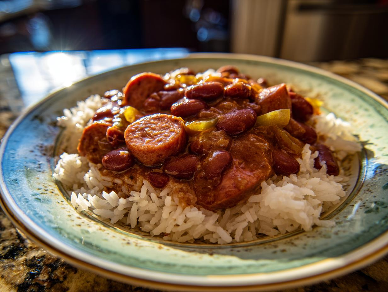A close-up of a bowl of red beans and rice topped with sliced smoked sausage, glistening in the light.