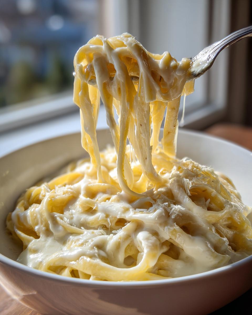 A fork lifting fettuccine noodles coated in rich Olive Garden Alfredo Sauce from a white bowl.