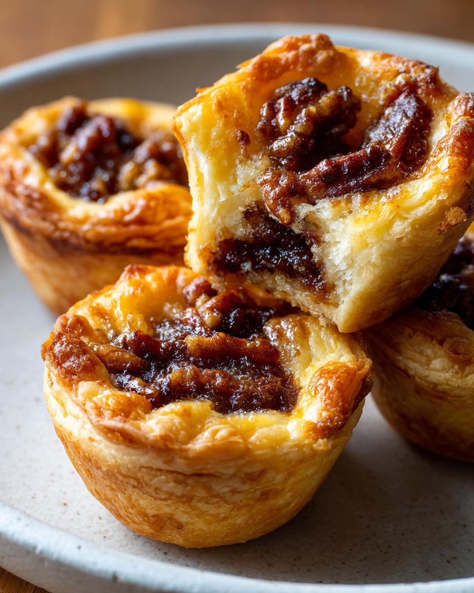 Close-up of flaky pastry pecan tassies, one broken open to show the gooey pecan filling.