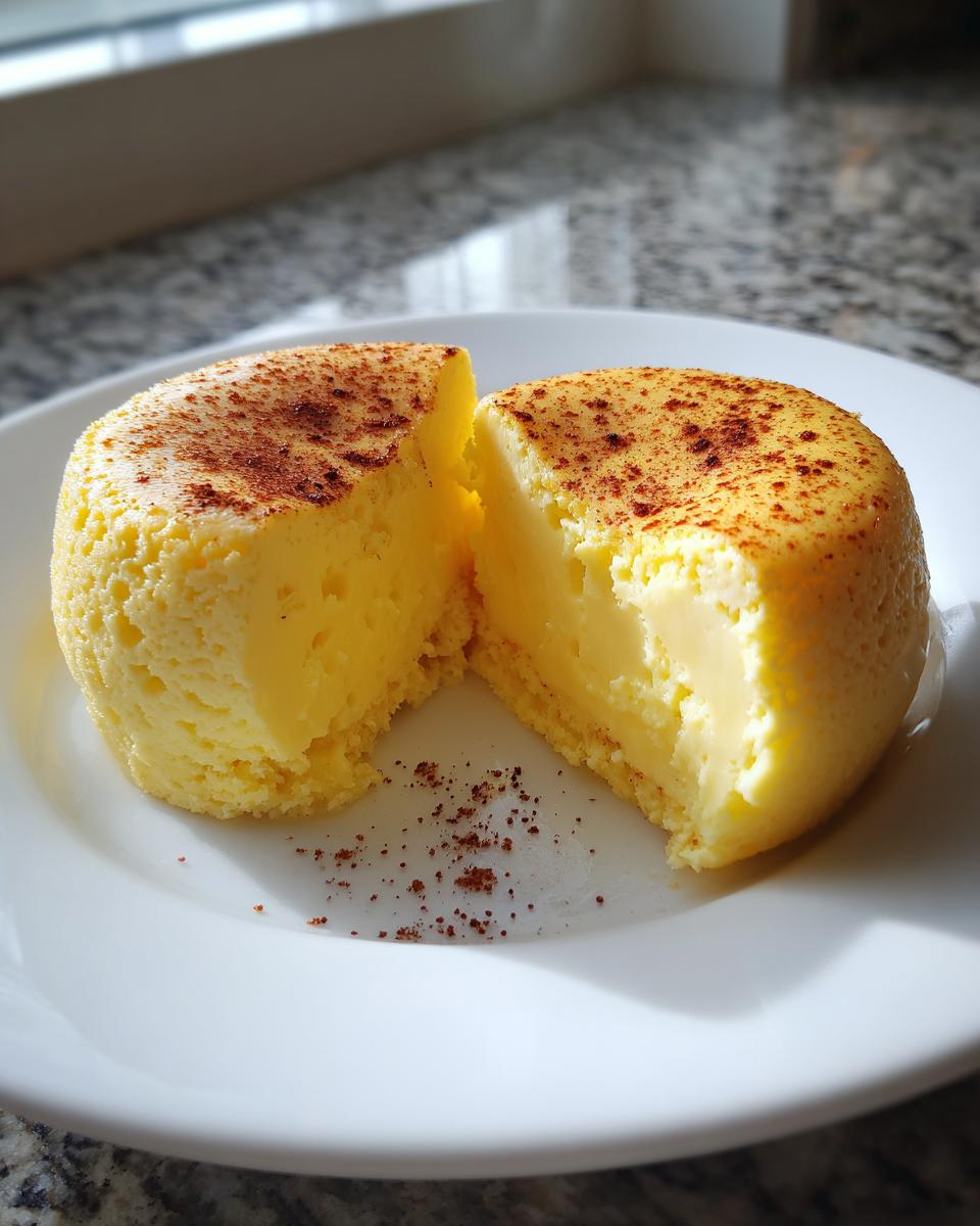 A perfectly smooth, bright yellow egg custard cut in half on a white plate, dusted with cinnamon.