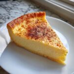 A perfect slice of creamy, baked egg custard with a golden, cinnamon-dusted top, served on a white plate.