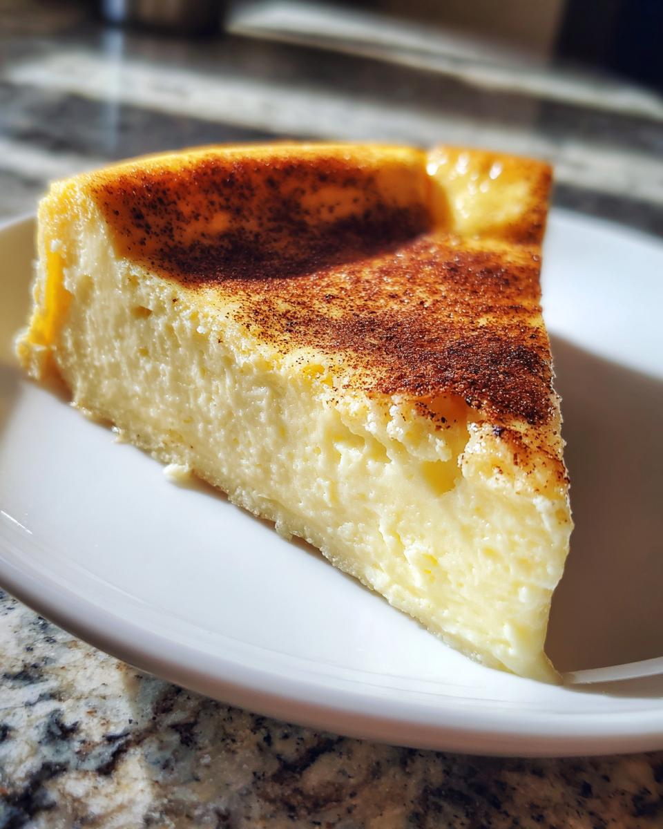 A close-up slice of creamy, baked egg custard topped with a dusting of cinnamon on a white plate.