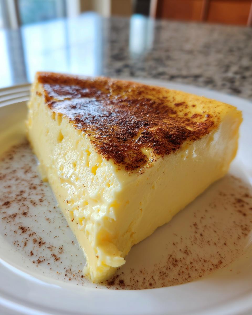 A triangular slice of creamy, pale yellow egg custard topped with browned cinnamon, served on a white plate.