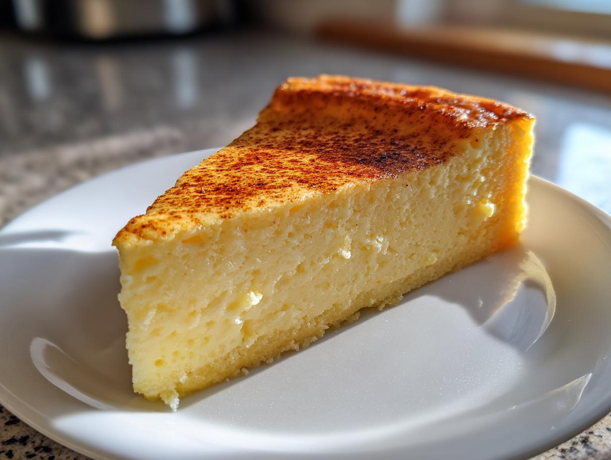 A thick slice of creamy, baked egg custard dessert sprinkled with cinnamon on a white plate.