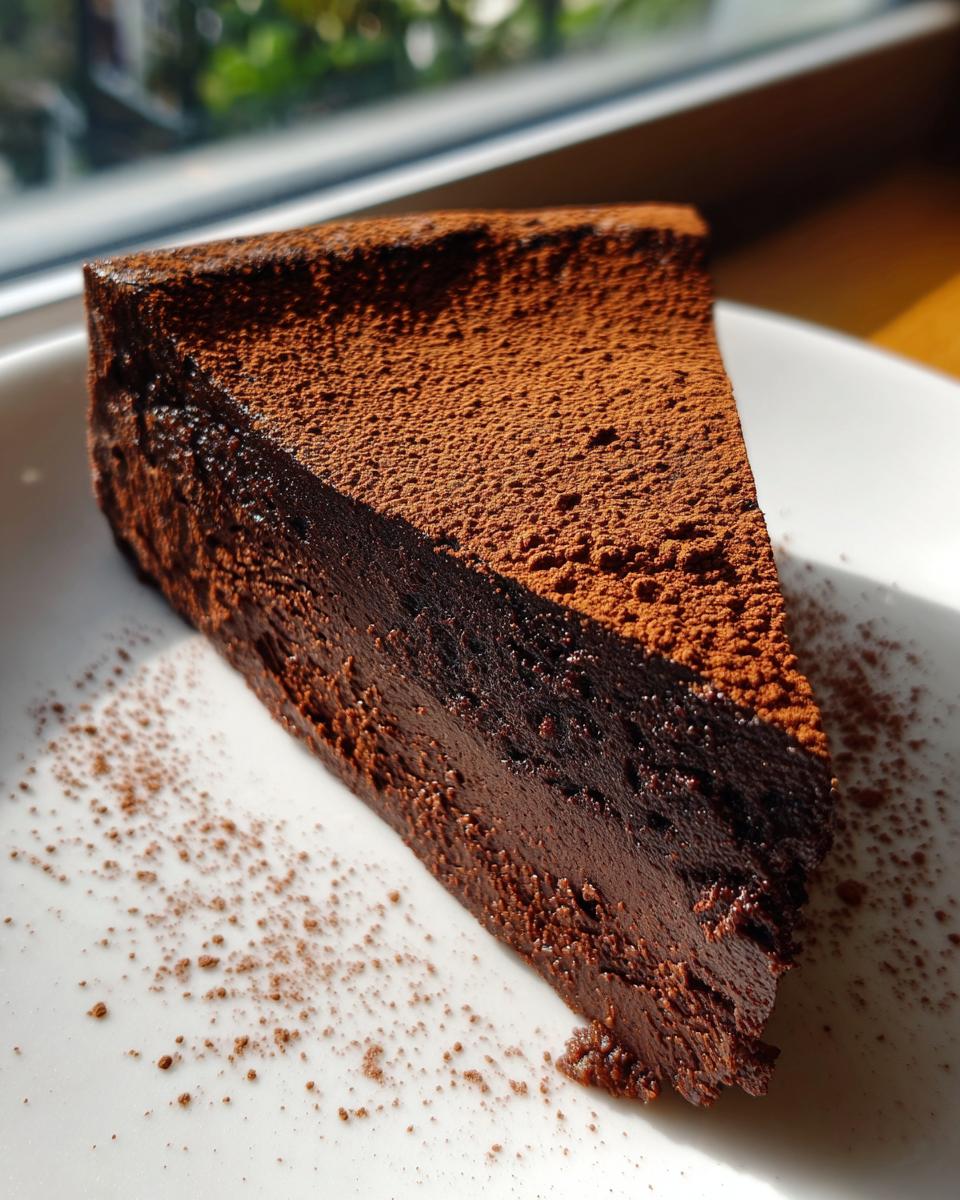 A rich, dense slice of flourless chocolate torte dusted heavily with cocoa powder, served on a white plate.