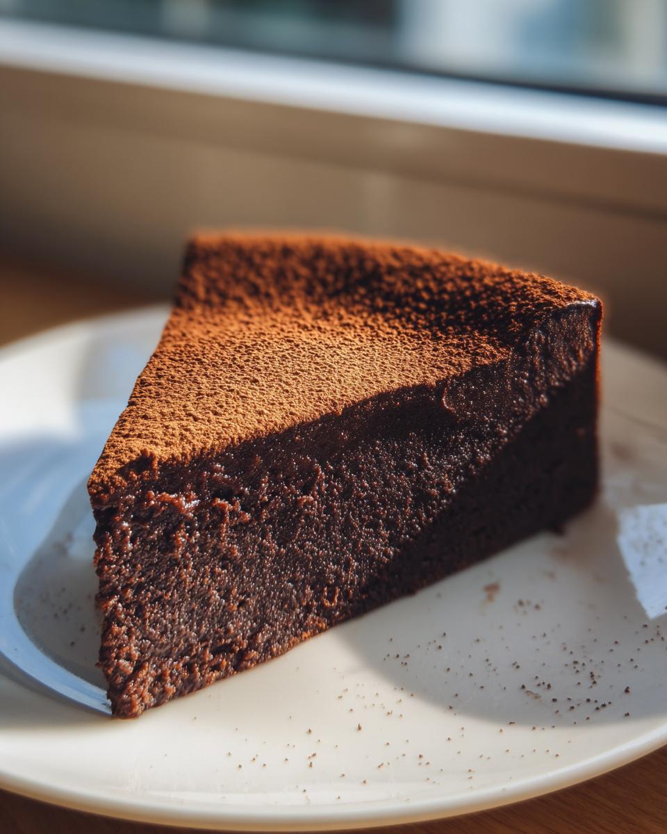 A rich, dark slice of flourless chocolate torte dusted heavily with cocoa powder, sitting on a white plate.