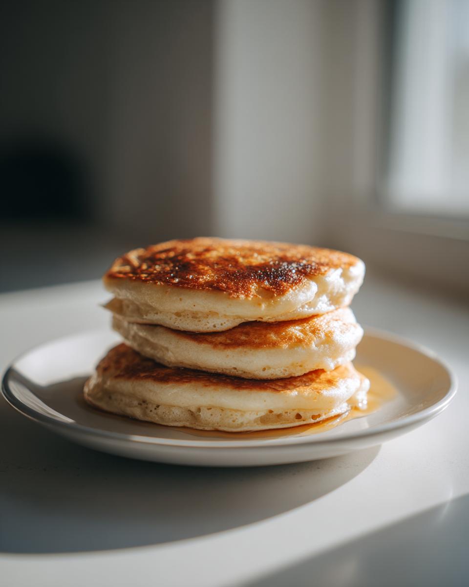 A stack of three fluffy almond flour pancakes drizzled with syrup, sitting on a white plate.