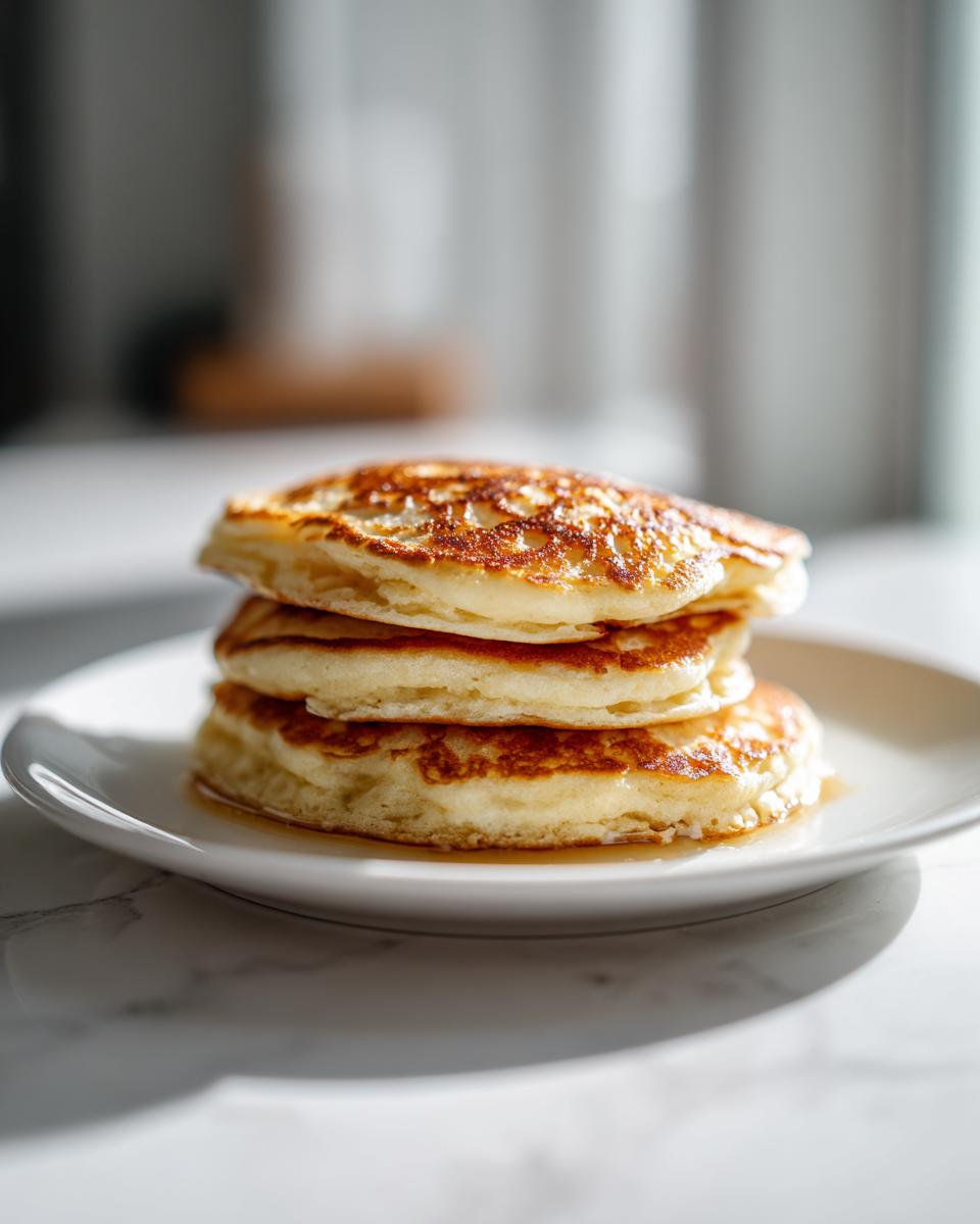 A stack of three fluffy almond flour pancakes drizzled with syrup on a white plate.