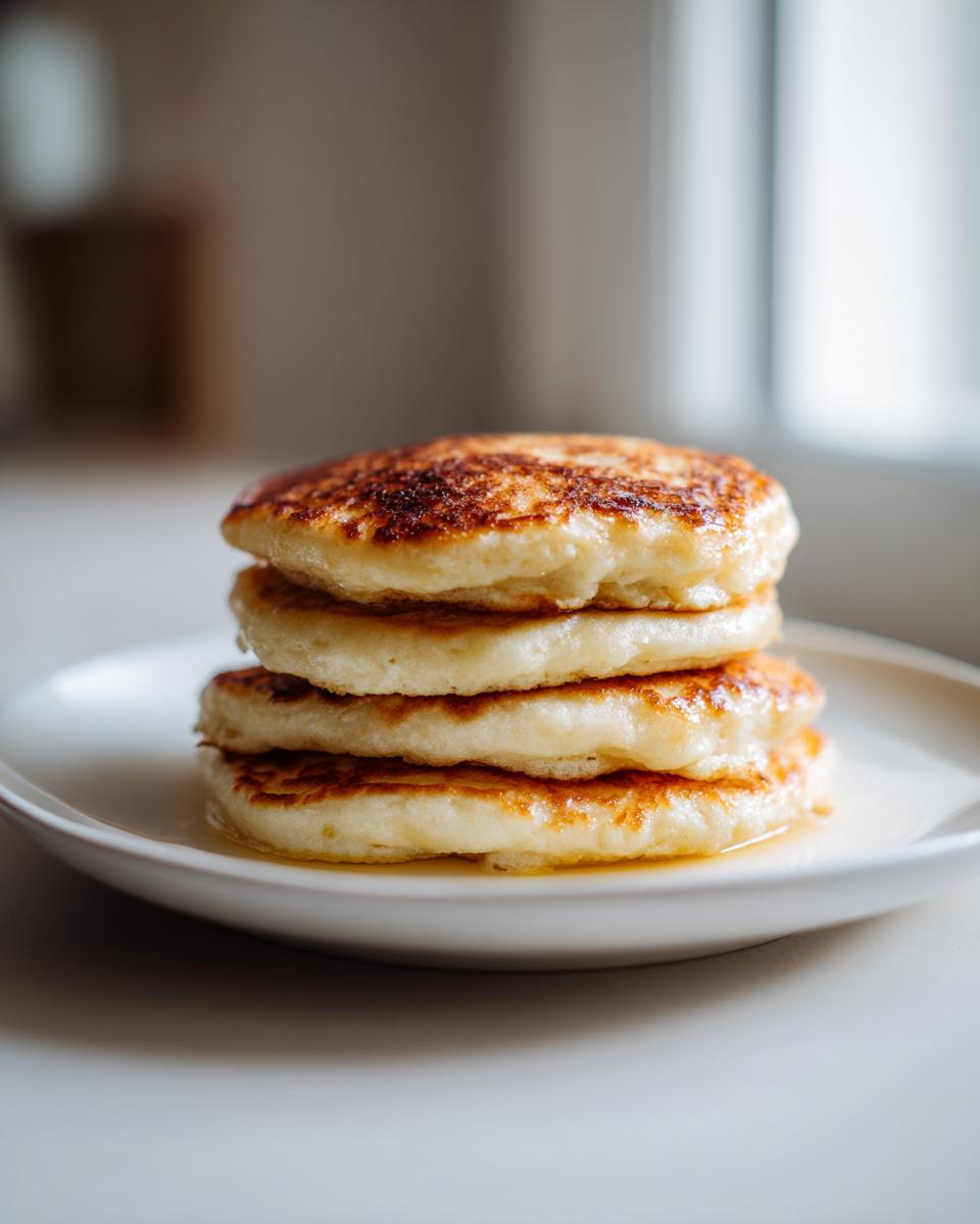 A stack of four thick, fluffy almond flour pancakes with golden-brown edges sitting in a pool of syrup on a white plate.