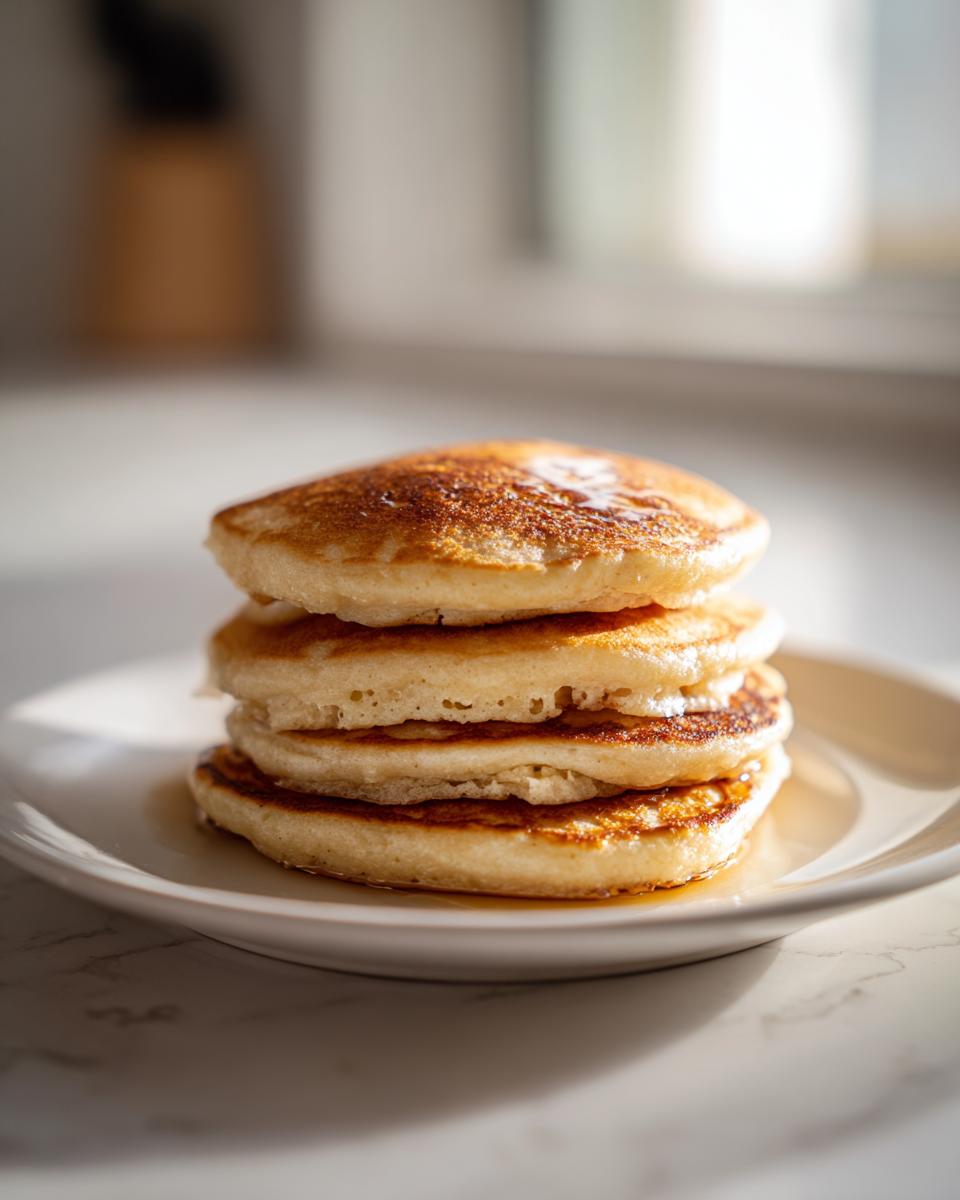 A tall stack of four fluffy almond flour pancakes drizzled with syrup on a white plate.