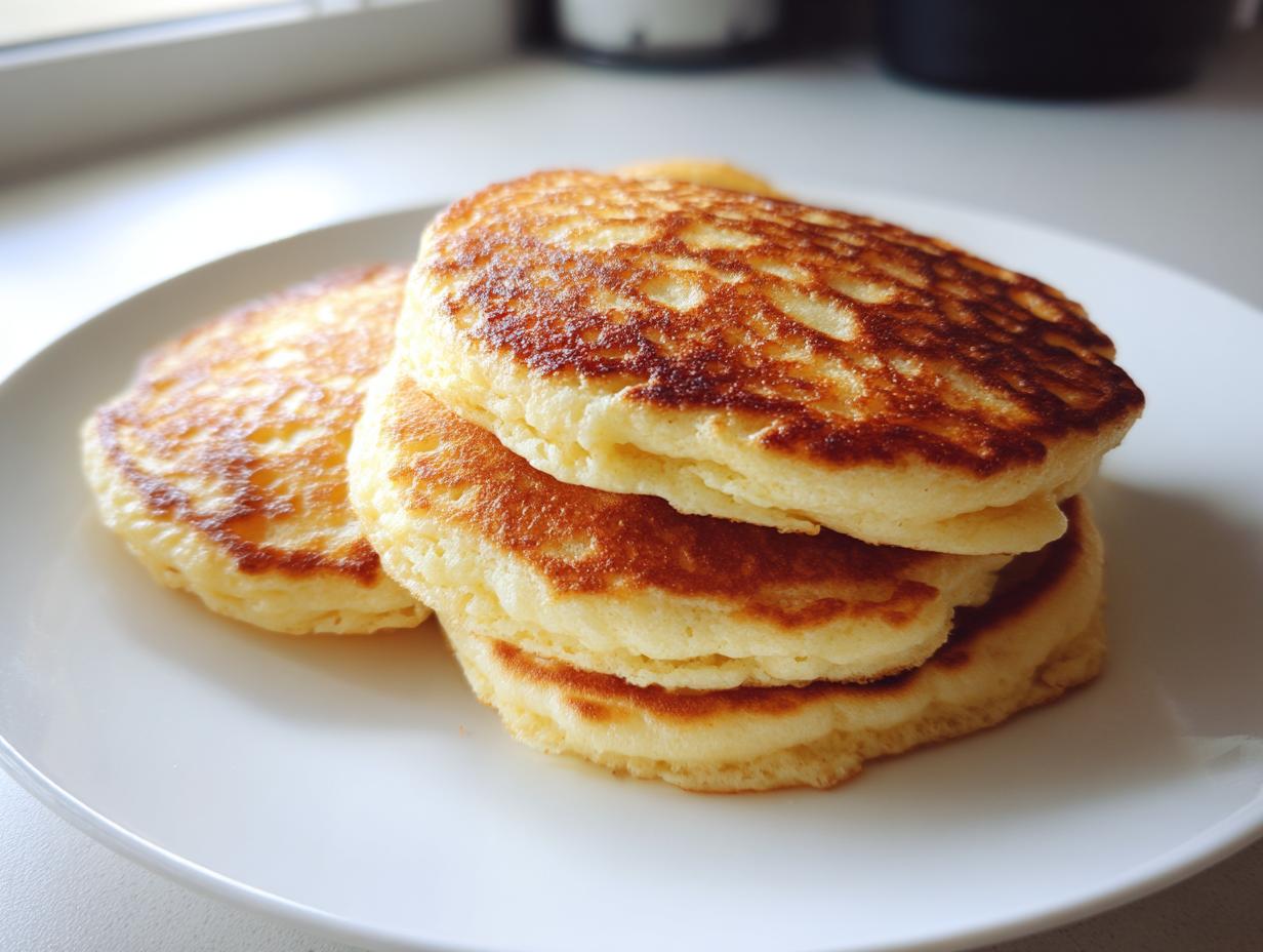 A stack of three fluffy almond flour pancakes with golden-brown tops served on a clean white plate.