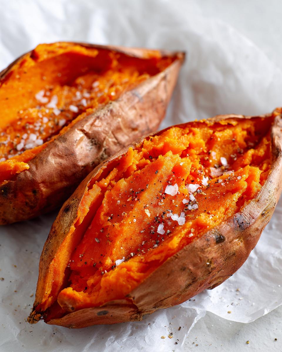 Two fluffy baked sweet potatoes split open and seasoned with coarse sea salt and black pepper.
