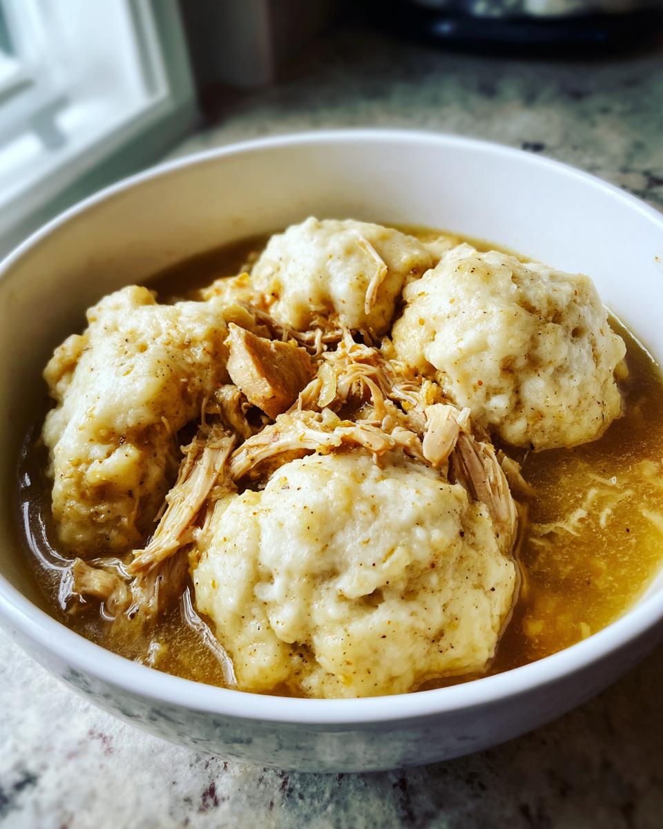A close-up of a white bowl filled with savory broth, shredded chicken, and large, fluffy chicken and dumplings.