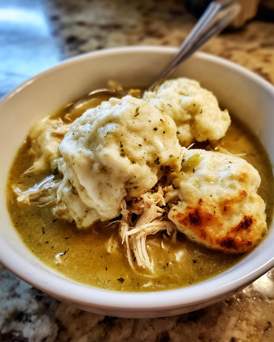 Close-up of a bowl of savory chicken and dumplings, featuring fluffy dumplings atop shredded chicken in a rich broth.