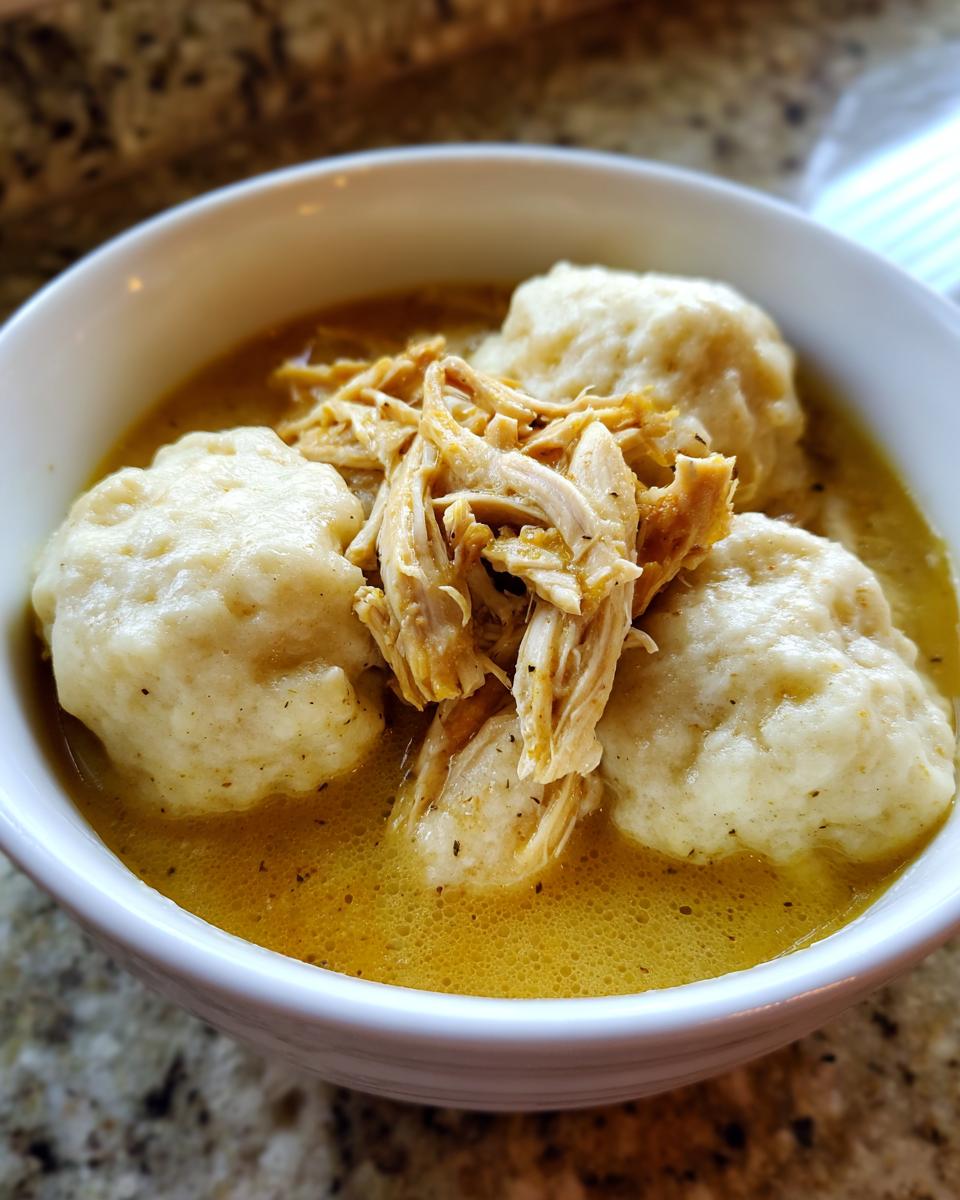 A close-up of a white bowl filled with fluffy chicken and dumplings submerged in a rich, yellow broth with shredded chicken on top.