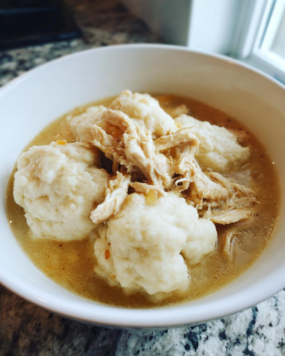 Close-up of fluffy dumplings and shredded chicken in a savory broth, classic chicken and dumplings.