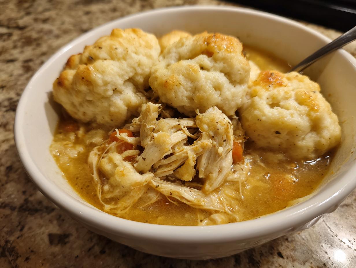 A close-up of a bowl of rich chicken and dumplings, featuring shredded chicken and fluffy, golden-brown dumplings.