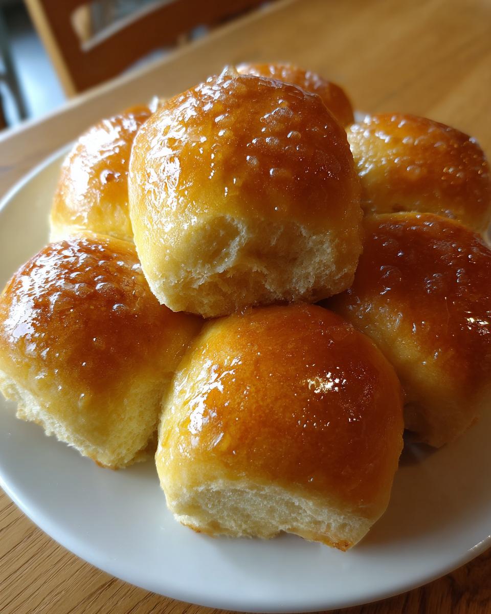 A stack of fluffy dinner rolls glistening with a sweet, golden glaze, ready to be served.
