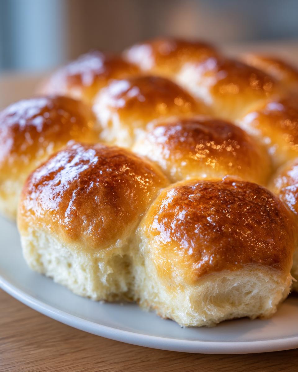 Close-up of freshly baked, fluffy dinner rolls with a shiny, golden-brown glaze on a white plate.