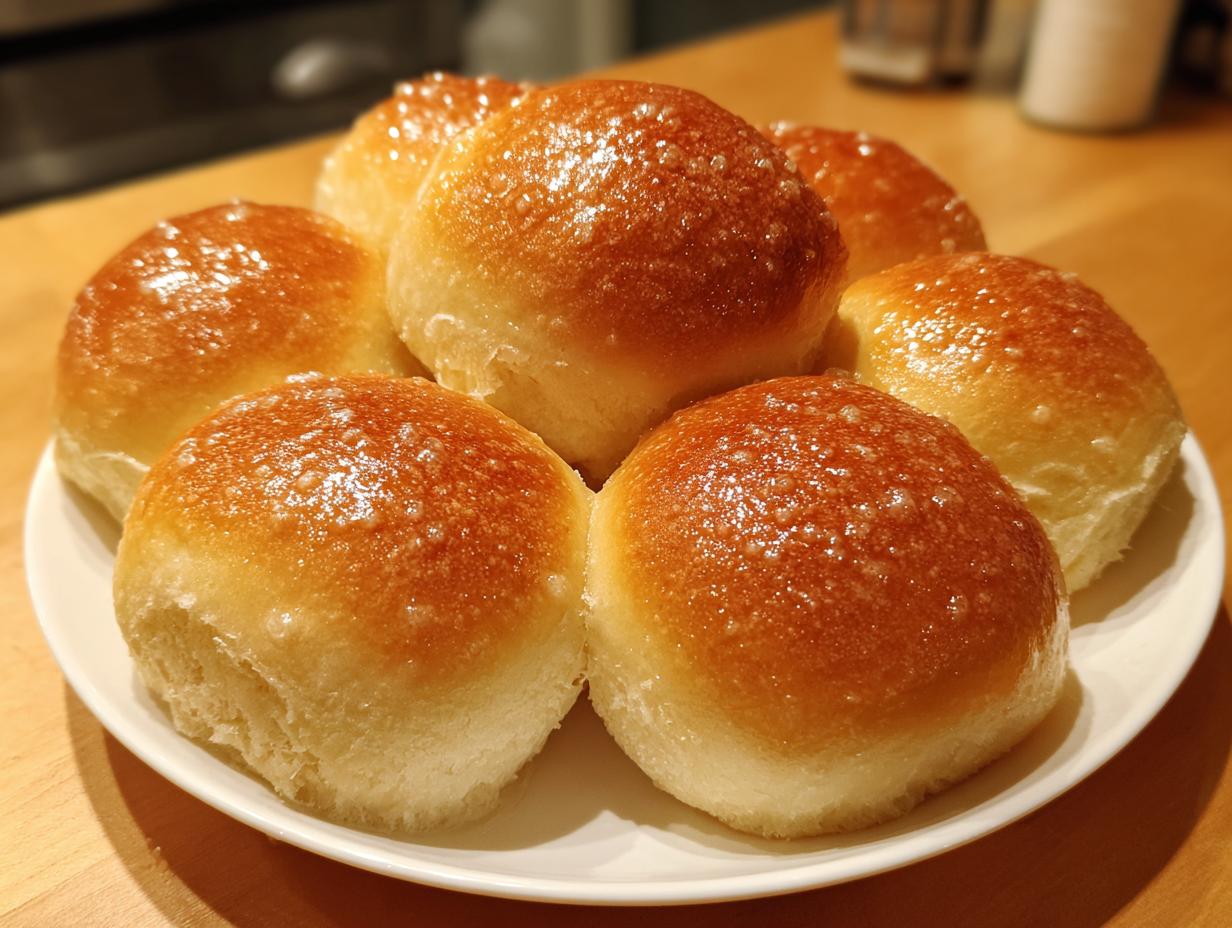 A plate of six golden brown, fluffy dinner rolls topped with a shiny glaze and coarse sugar crystals.