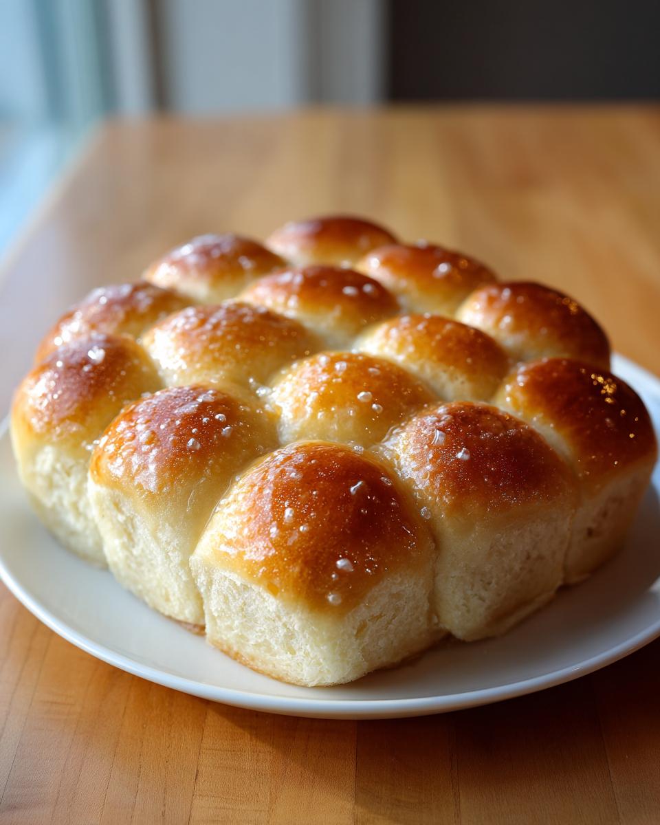 A cluster of twelve fluffy dinner rolls baked together, featuring a shiny, golden-brown glaze and coarse salt topping.