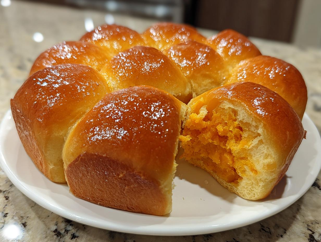 A cluster of shiny, golden-brown sweet potato rolls on a white plate, one roll pulled apart showing the bright orange sweet potato filling.