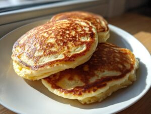 Three fluffy greek yogurt pancakes with golden-brown tops stacked on a white plate, lit by sunlight.