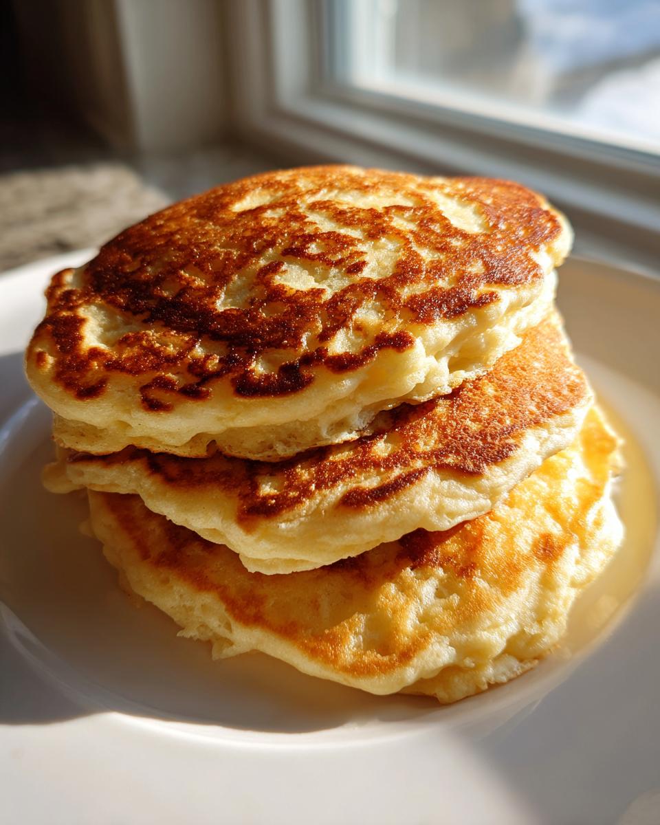 A close-up stack of three fluffy greek yogurt pancakes with golden-brown, textured tops sitting on a white plate.