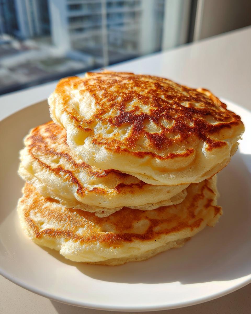 A close-up stack of three fluffy greek yogurt pancakes with golden-brown tops on a white plate.