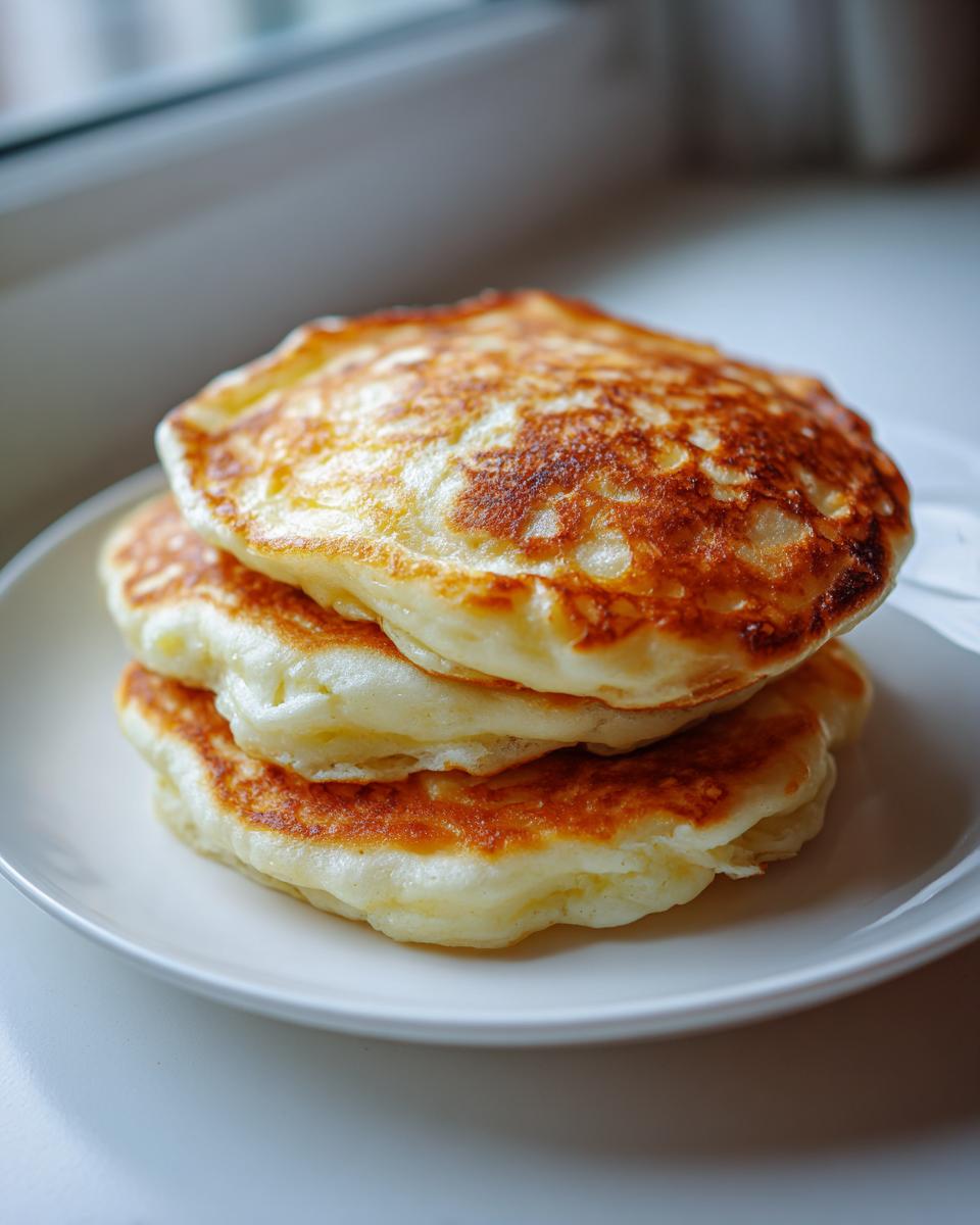 A stack of three fluffy, golden-brown greek yogurt pancakes served on a white plate near a window.