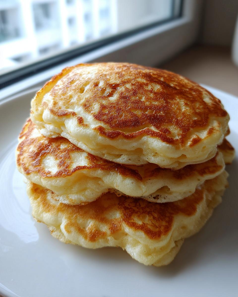 A close-up stack of three golden-brown greek yogurt pancakes served on a white plate.