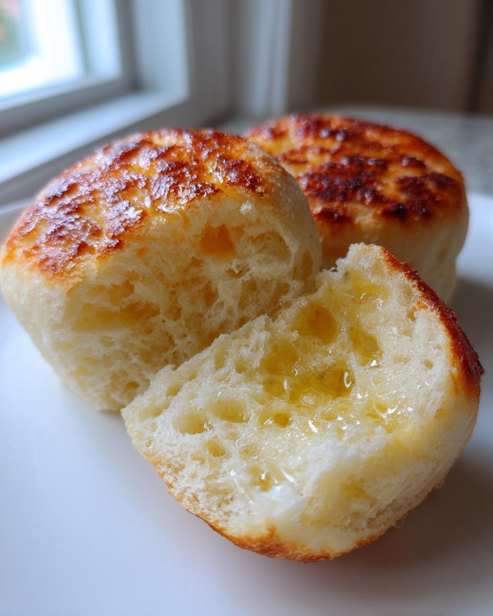 Close-up of fluffy homemade english muffins, one split open and drizzled with melted butter.