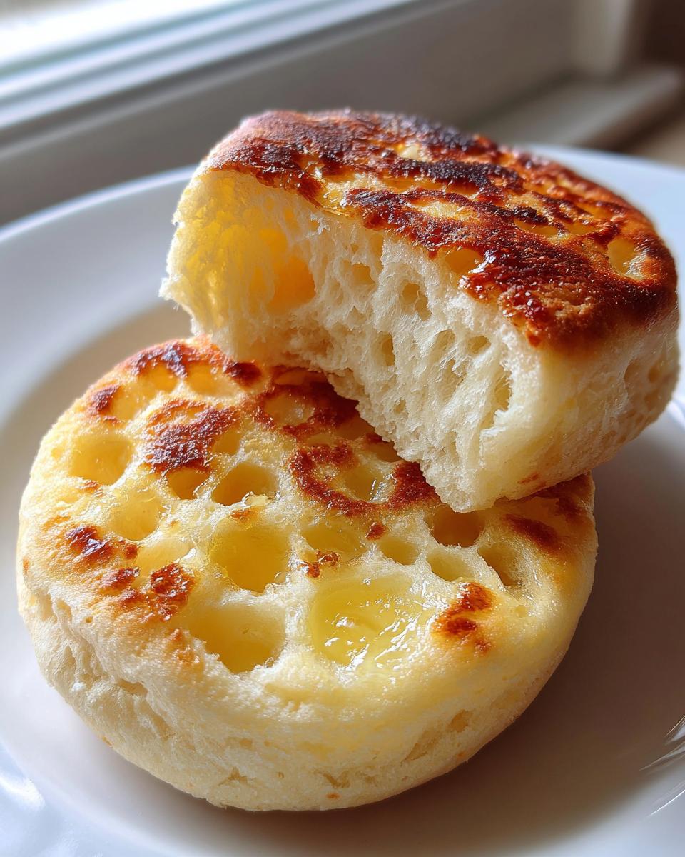 Close-up of a fluffy homemade English muffin split open, showing its characteristic open crumb texture and toasted surface.