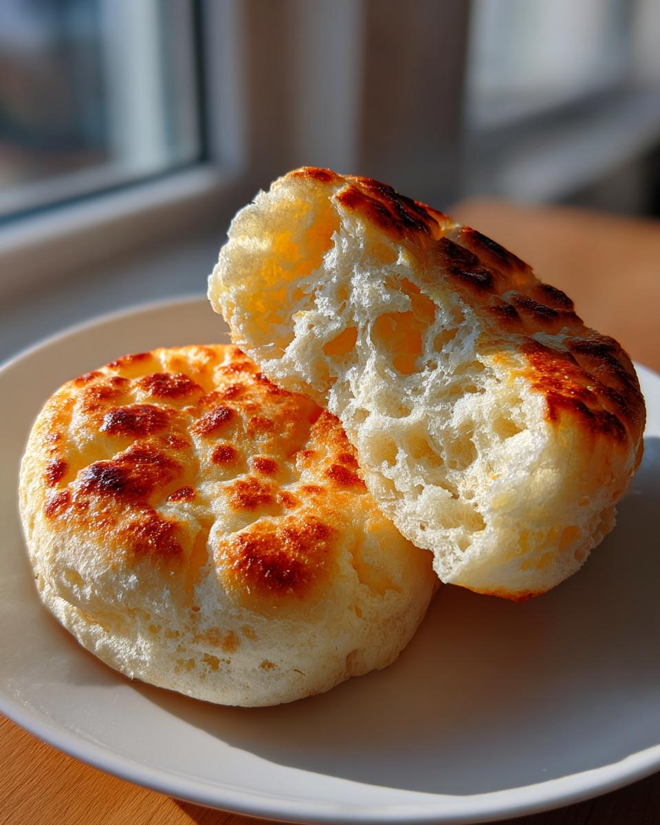 Cross-section showing the airy, craggy interior texture of homemade English muffins.