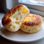 Close-up of a homemade English muffin split open, showing its airy, hole-filled interior and toasted top.
