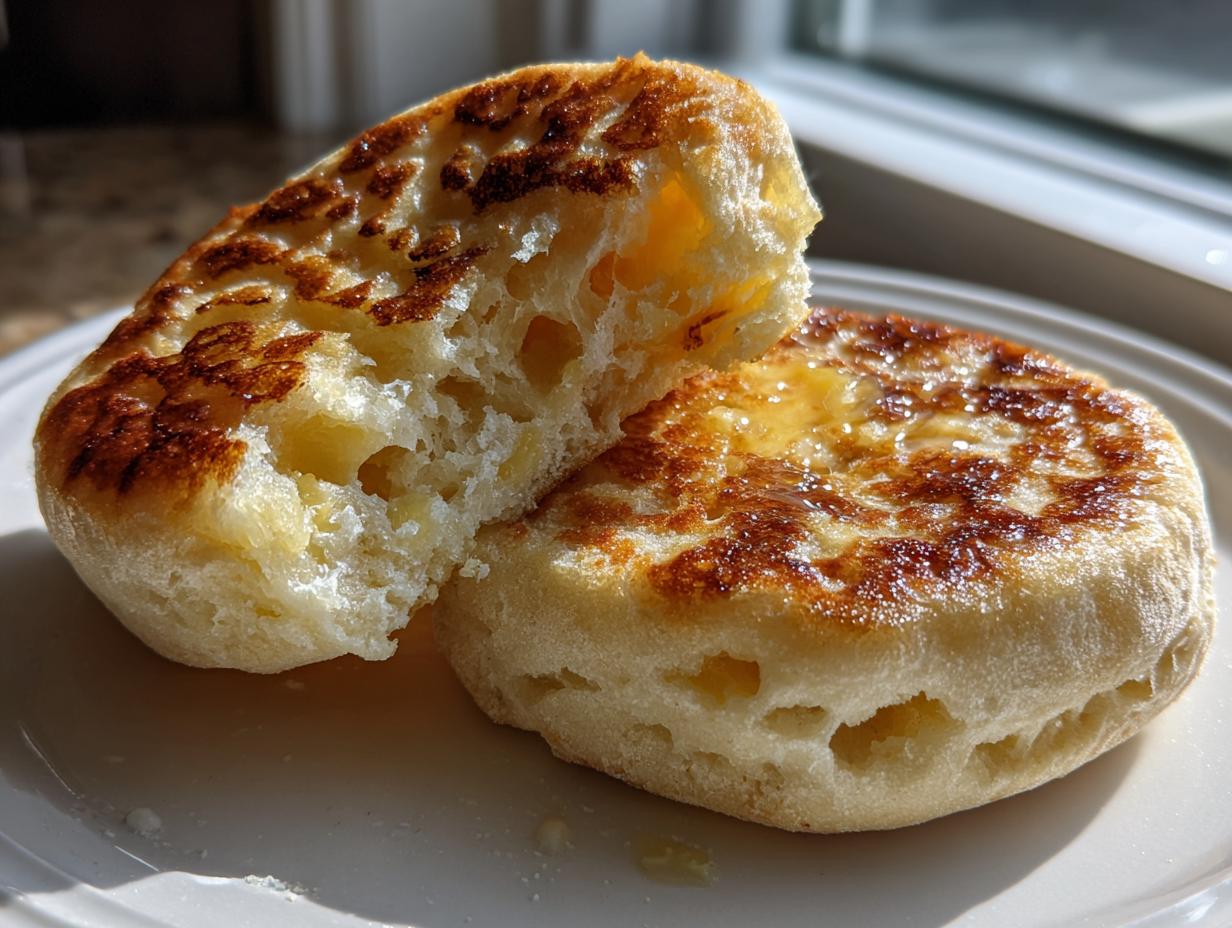 A fluffy homemade English muffin split in half, showing its characteristic holes, toasted golden brown and drizzled with melted butter.