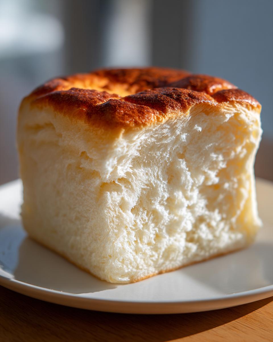 A close-up, cross-section view showing the incredibly soft, white, and fluffy interior of a piece of japanese milk bread.