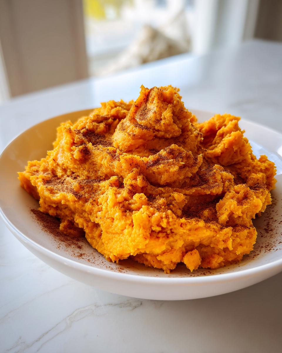 A close-up of fluffy mashed sweet potatoes topped generously with ground cinnamon in a white bowl.